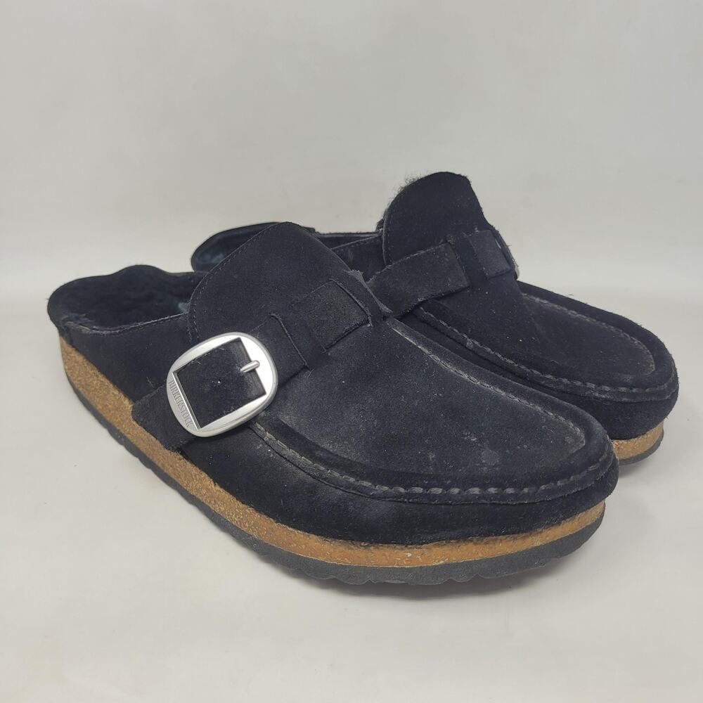 Birkenstock Buckley Clogs Womens US10.5 EU41 Black Suede Shearling Mules Slip On